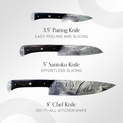 3-Piece Knives Set for Kitchen, Damascus Chef Knife Set with Professional Chef Knife, Santoku Knife, & Paring Knife, Traditional Kitchen Knifes with Wenge Handles, Gifts for Chefs