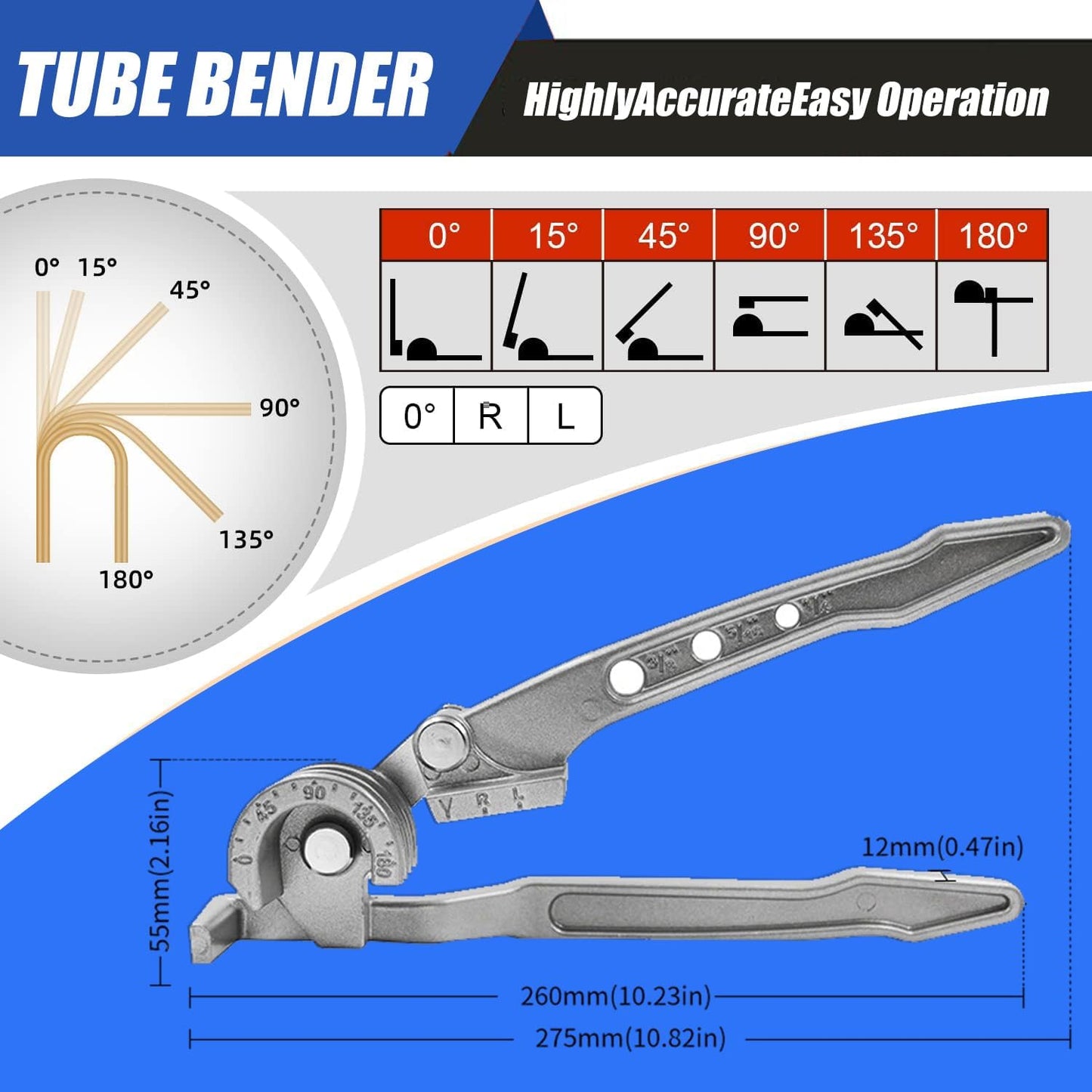 Pipe Bender 180° Tube Bender for 3/8", 1/4", 5/16", Copper, Brass, Aluminum, Thin Steel Pipes (Single Tube Bender)