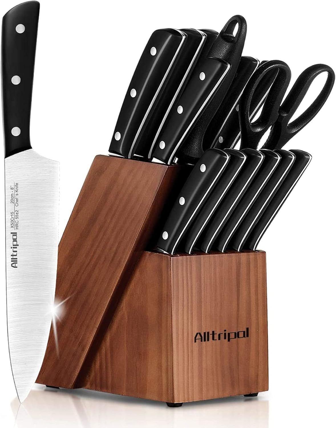 Kitchen Knife Set with Wooden Block, 16 Pieces Knives Set with Sharpener, Premium German Stainless Steel Knife Block Set with Japanese Designed Pom Handle, Kitchen Shear & 6 Steak Knives