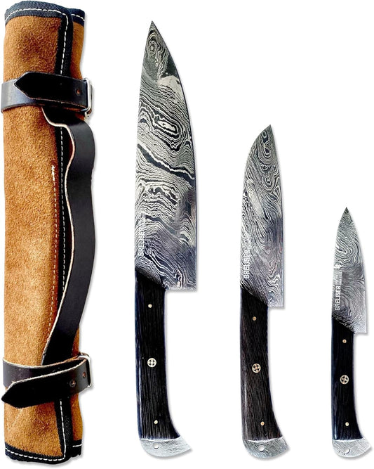 3-Piece Knives Set for Kitchen, Damascus Chef Knife Set with Professional Chef Knife, Santoku Knife, & Paring Knife, Traditional Kitchen Knifes with Wenge Handles, Gifts for Chefs