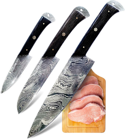 3-Piece Knives Set for Kitchen, Damascus Chef Knife Set with Professional Chef Knife, Santoku Knife, & Paring Knife, Traditional Kitchen Knifes with Wenge Handles, Gifts for Chefs