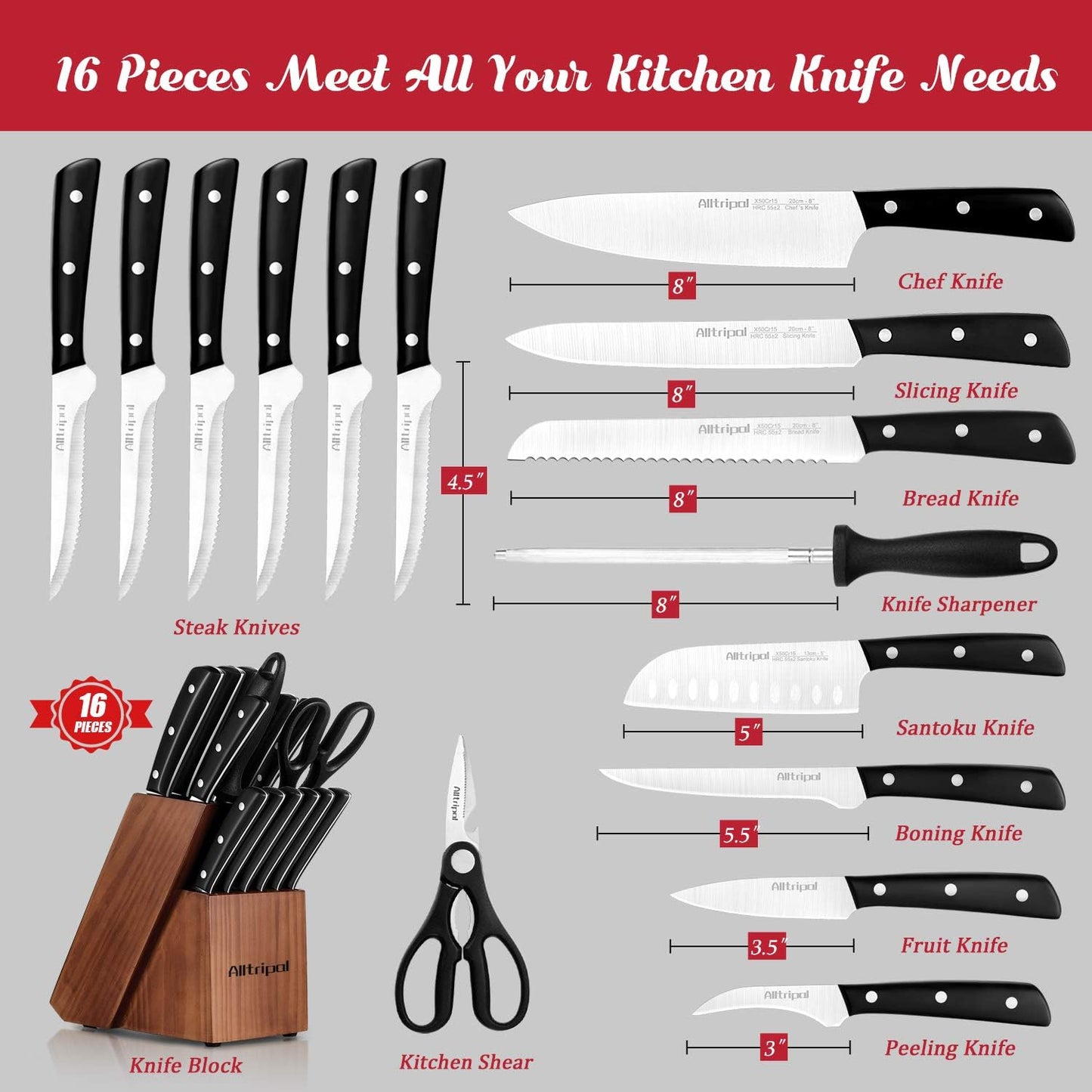 Kitchen Knife Set with Wooden Block, 16 Pieces Knives Set with Sharpener, Premium German Stainless Steel Knife Block Set with Japanese Designed Pom Handle, Kitchen Shear & 6 Steak Knives