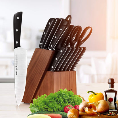 Kitchen Knife Set with Wooden Block, 16 Pieces Knives Set with Sharpener, Premium German Stainless Steel Knife Block Set with Japanese Designed Pom Handle, Kitchen Shear & 6 Steak Knives