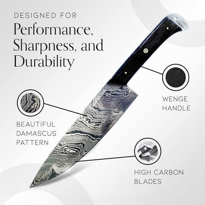 3-Piece Knives Set for Kitchen, Damascus Chef Knife Set with Professional Chef Knife, Santoku Knife, & Paring Knife, Traditional Kitchen Knifes with Wenge Handles, Gifts for Chefs